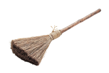 A traditional broom with a wooden handle and straw bristles, designed for sweeping and cleaning surfaces efficiently.