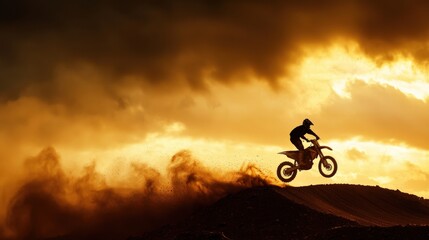 A motocross rider catching air over a dirt ramp, with dramatic dust clouds trailing behind