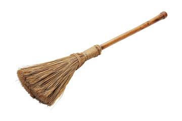A traditional broom made of natural fibers, featuring a long wooden handle and a bundled bristle head for sweeping.