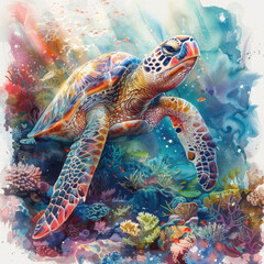 Fototapeta premium Colorful Sea Turtle Swimming Gracefully Among Vibrant Coral Reef Under Crystal Clear Water in Stunning Digital Artwork