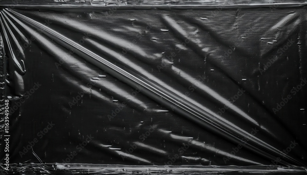 Poster Close-Up of Glossy Black Wrinkled Plastic Texture with Subtle Reflection Patterns and Creases. Versatile Background for Minimalist Design, Industrial Themes, or Modern Branding Concepts
