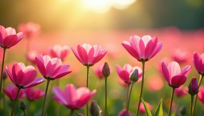 Obraz premium Vibrant pink flower field, sunlit petals, gentle breeze, nature background, floral background