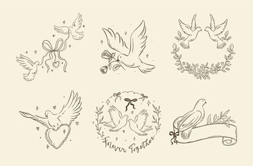 A collection of elegant line art illustrations featuring doves, ribbons, hearts, and floral garlands