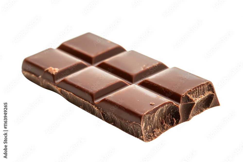 Poster a rich, broken chocolate bar with a glossy surface and distinct segments, showcasing its smooth text
