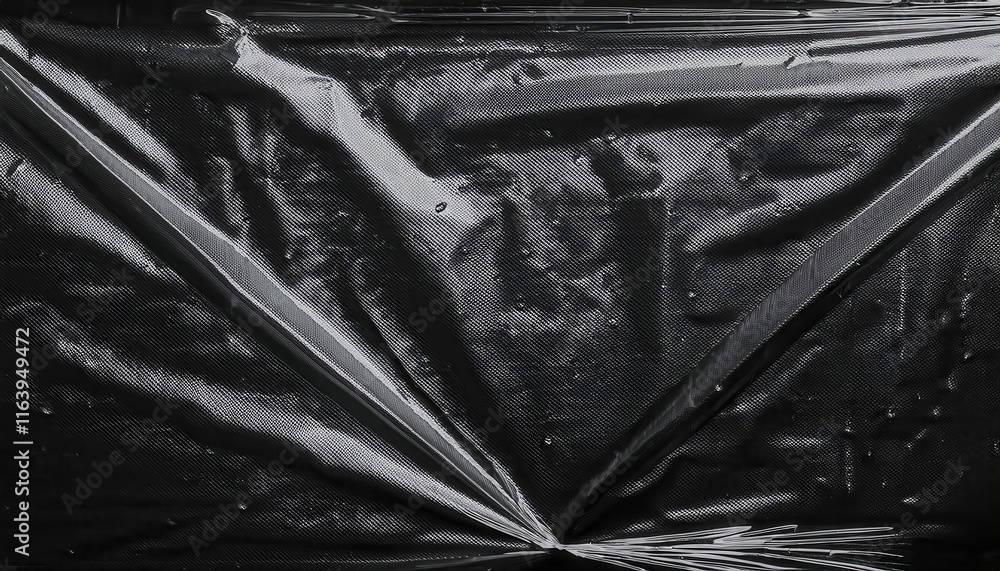 Aufkleber Close-Up of Glossy Black Wrinkled Plastic Texture with Subtle Reflection Patterns and Creases. Versatile Background for Minimalist Design, Industrial Themes, or Modern Branding Concepts