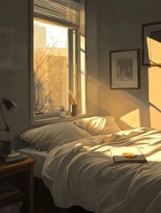 Sunlit Bedroom Scene With A Made Bed And Window