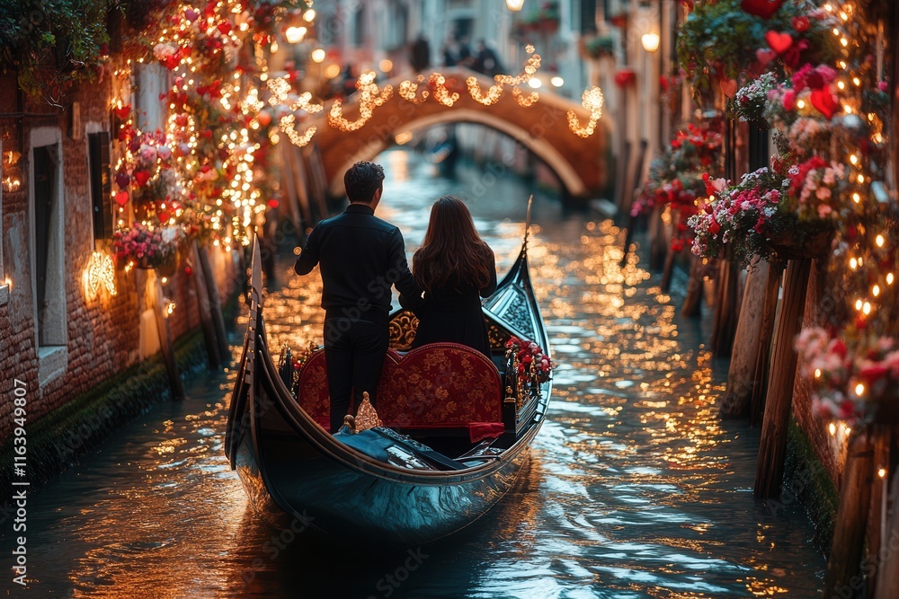 Wall mural A man and a woman are leisurely riding in a gondola, gently gliding down a picturesque canal under the evening sky. Europe Traditional and modern Valentine’s customs