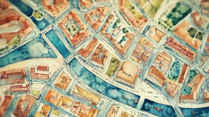 Obraz premium Vintage Watercolor Map of an Old City and Landmarks