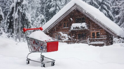 Naklejka premium Shopping Cart with Snow in Winter Wonderland Near Cozy Wooden Cabin Retreat
