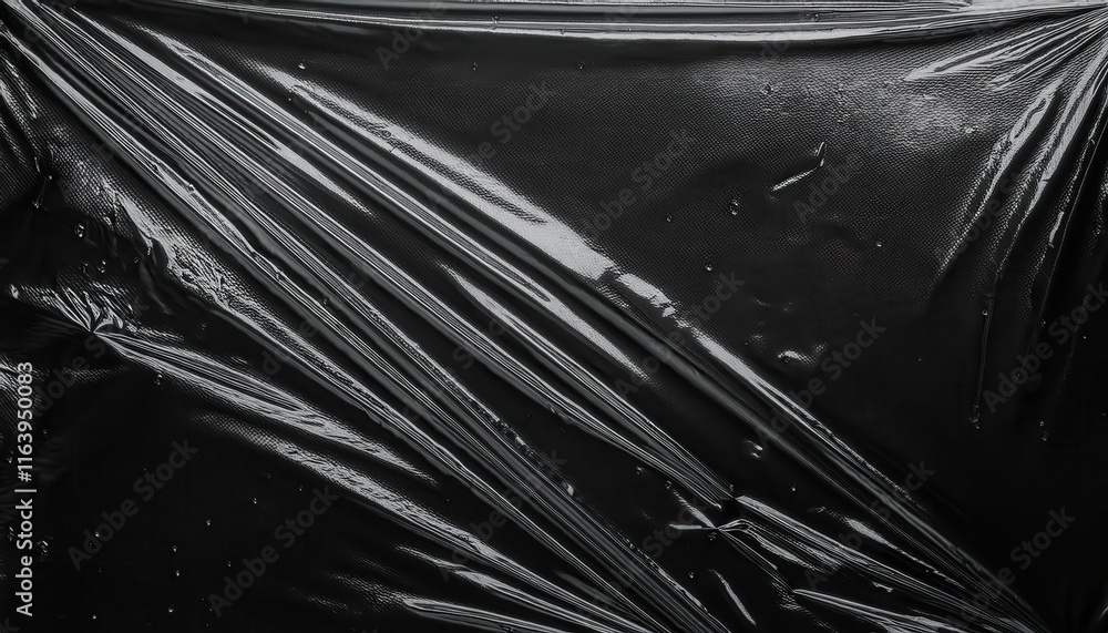 Poster Close-Up of Glossy Black Wrinkled Plastic Texture with Subtle Reflection Patterns and Creases. Versatile Background for Minimalist Design, Industrial Themes, or Modern Branding Concepts