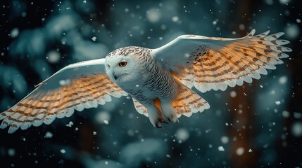 Fototapeta premium Snowy owl in flight, wings spread, snowflakes falling.