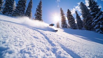 Obraz premium A snowboarder carving through fresh powder on a steep slope, leaving a trail of snowdust
