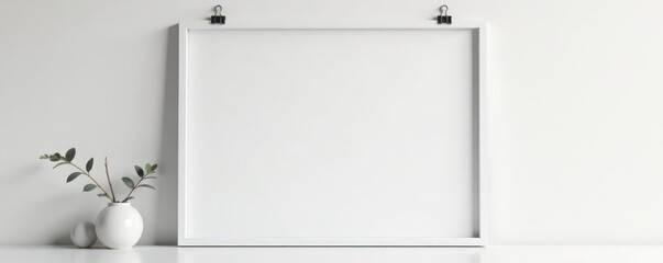 Minimalist white wall with hanging poster, simple frame, clean, backdrop