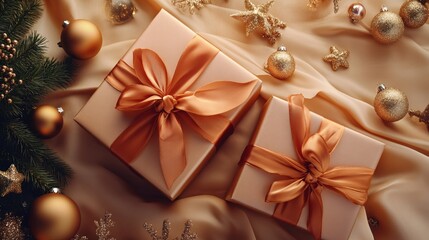 Elegant Christmas Gift Boxes Surrounded by Ornaments and Golden Decorations