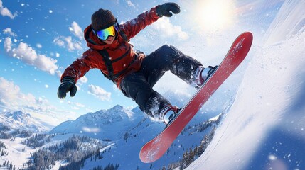 A snowboarding halfpipe competition with a participant mid-flip, framed against a bright winter sky -