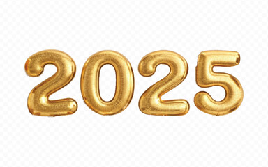 abstract 3d 2025 text made with high resolution different premium golden colour hellium in topview balloons isolated on white background