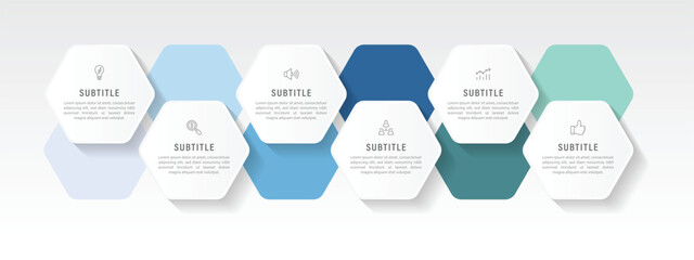 6 steps infographic template with 6 options. Flowchart that can be used for business report, data visualization and presentation. Timeline infographic elements vector illustration.