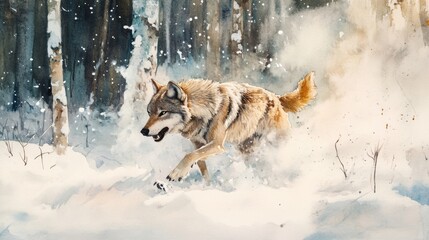 Wolf Running Through Snow in Winter Forest