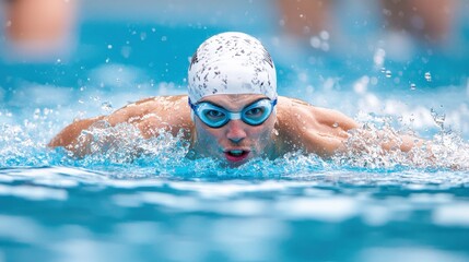A solo swimmer cutting through the water in an Olympic-sized pool