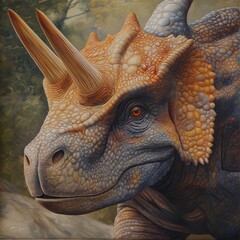 Majestic triceratops in lush forest setting with sunlit scales