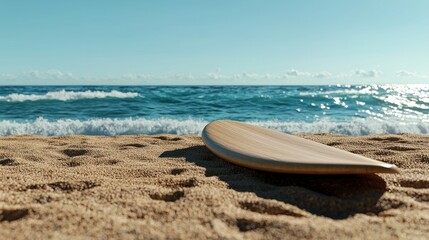 A surfboard resting on sandy shores with waves in the background