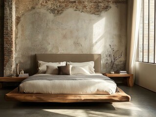 Rustic Bedroom Featuring A Wooden Platform Bed