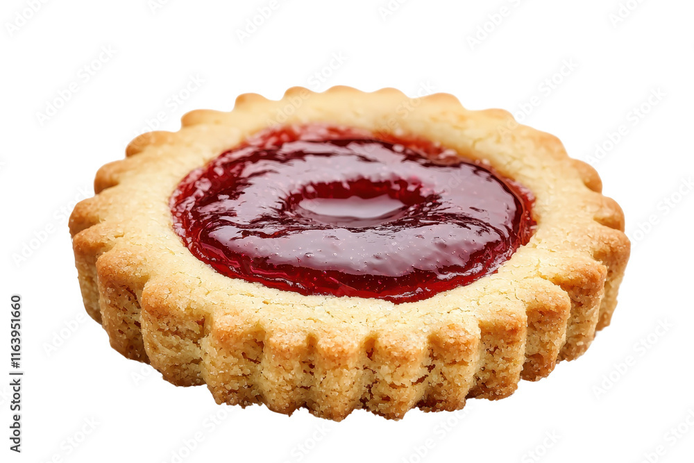 Poster a round shortbread cookie filled with glossy red jam glistens, showcasing its textured edges and inv