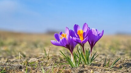 Purple Crocus Flowers Blooming in Spring on a Sunny Day Against a Clear Blue Sky