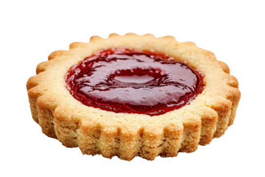 A round shortbread cookie filled with glossy red jam glistens, showcasing its textured edges and inviting filling.