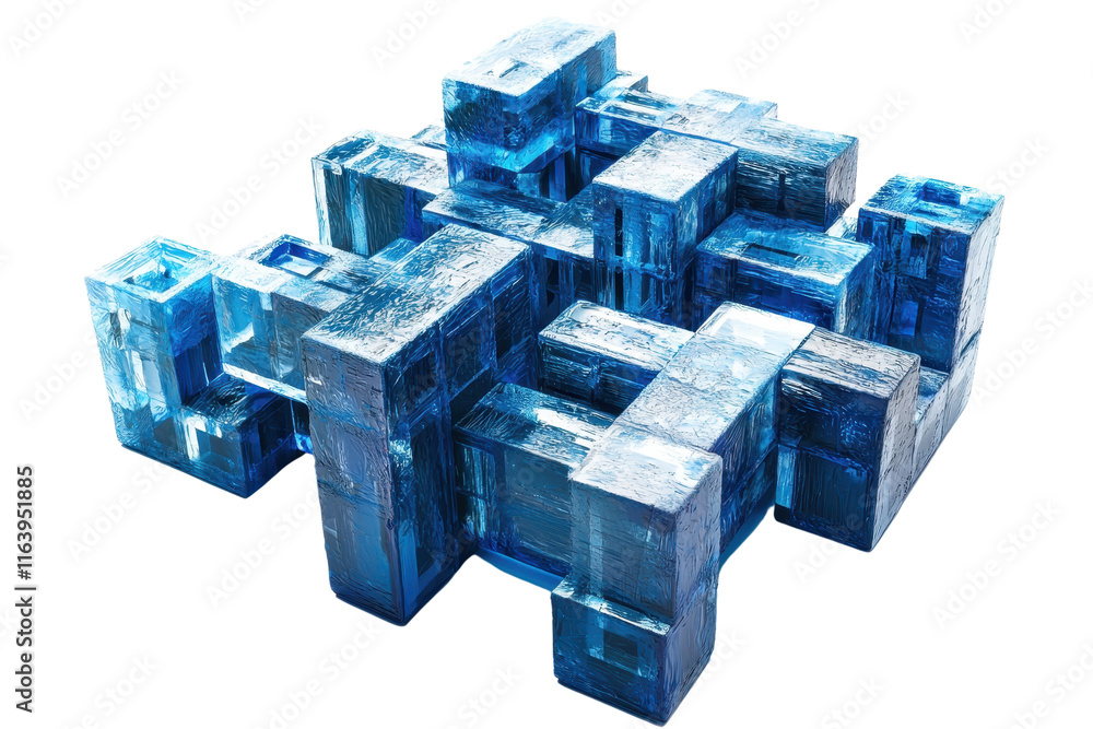 Poster a complex structure made of interlocking blue blocks resembling ice or crystal, showcasing intricate