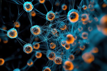 A network of interconnected nodes in vibrant cyan and deep orange, set against a rich black background