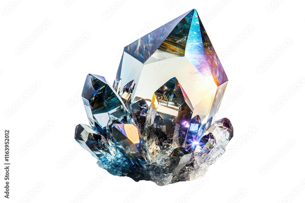 Poster a stunning crystal formation with sharp facets reflecting light, showcasing multiple points and a lu