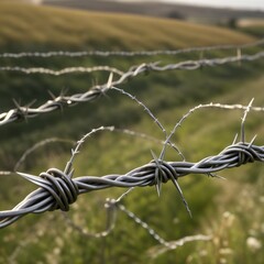 A close-up of barbed wire fence, highlighting its sharp points and intricate twists.
