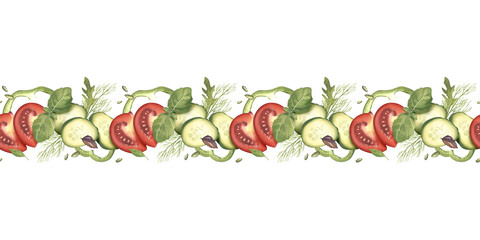 Cucumber, tomato, pepper slices with basil and dill leaves. Watercolor illustration. Seamless pattern. Ornament of vegetables and aromatic herbs. Farm products for menu, shop, packaging, textile