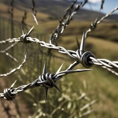 A close-up of barbed wire fence, highlighting its sharp points and intricate twists.