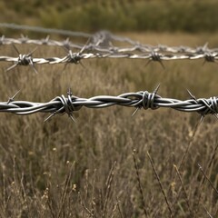 A close-up of barbed wire fence, highlighting its sharp points and intricate twists.