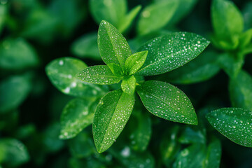 Frisch bew&auml;sserte gr&uuml;ne Bl&auml;tter mit Wassertr&ouml;pfchen im Detail

