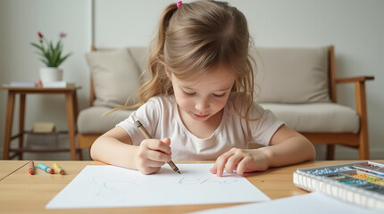 Little Girl Works on Drawing at Table in Minimalist Room