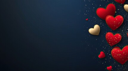 Obraz premium Dark blue background with golden hearts and red heart balloons, perfect for Valentine's Day celebration banner, poster, or greeting card template design