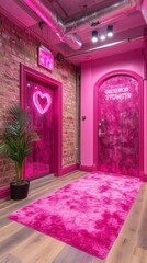 Fototapeta premium Pink hallway with neon heart, exposed brick, and plush carpet.