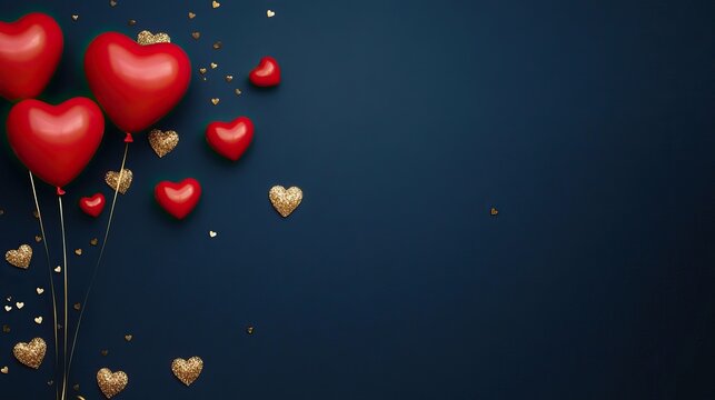 Dark blue background with golden hearts and red heart balloons, perfect for Valentine's Day celebration banner, poster, or greeting card template design