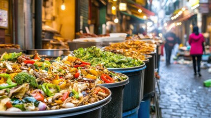 Fototapeta premium Colorful Food Waste in a Busy Market Alley