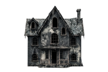A dilapidated, haunted house with a dark, eerie appearance, featuring broken windows and a weathered facade.