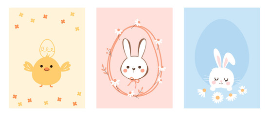 Obraz premium Set of Easter cards with chick, bunny rabbit and daisy flower on yellow, pink and blue backgrounds vector.