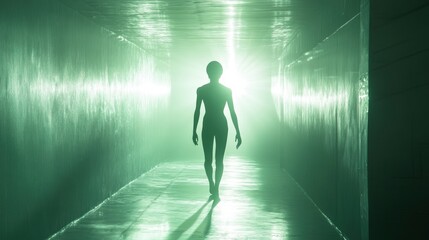 Alien silhouette walking down a hallway with light in the background. Fantasy wallpaper, science and space technology advancement.
