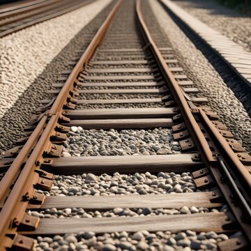 A pair of parallel train tracks stretching into the distance, with gravel ballast and wooden ties visible in the foreground.
