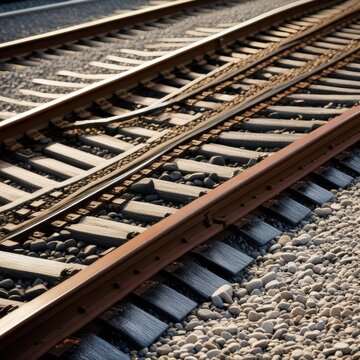 A pair of parallel train tracks stretching into the distance, with gravel ballast and wooden ties visible in the foreground.