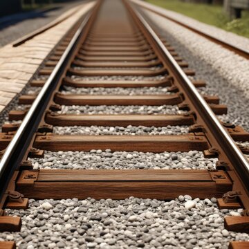 A pair of parallel train tracks stretching into the distance, with gravel ballast and wooden ties visible in the foreground.