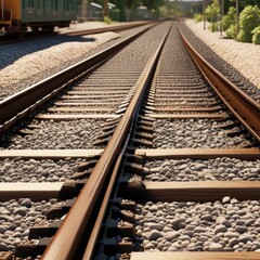 Fototapeta premium A pair of parallel train tracks stretching into the distance, with gravel ballast and wooden ties visible in the foreground.