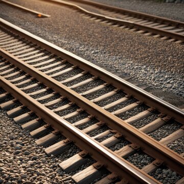 A pair of parallel train tracks stretching into the distance, with gravel ballast and wooden ties visible in the foreground.